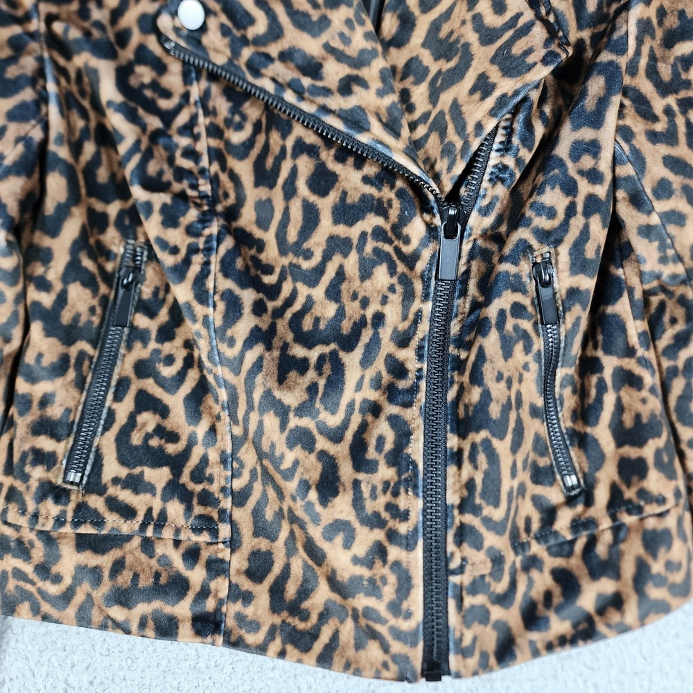 Bebe Leopard Print Moto Jacket Womens S Black Brown Front Zip Mob Wife Rock Y2K - Picture 7 of 14